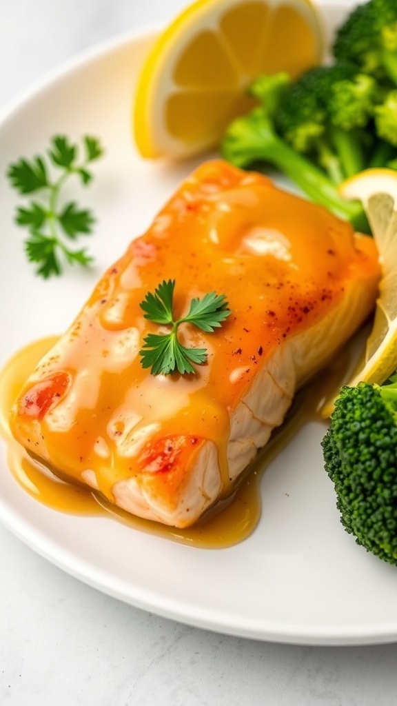 Air fryer salmon fillet with mustard glaze, garnished with parsley, served with broccoli and lemon.